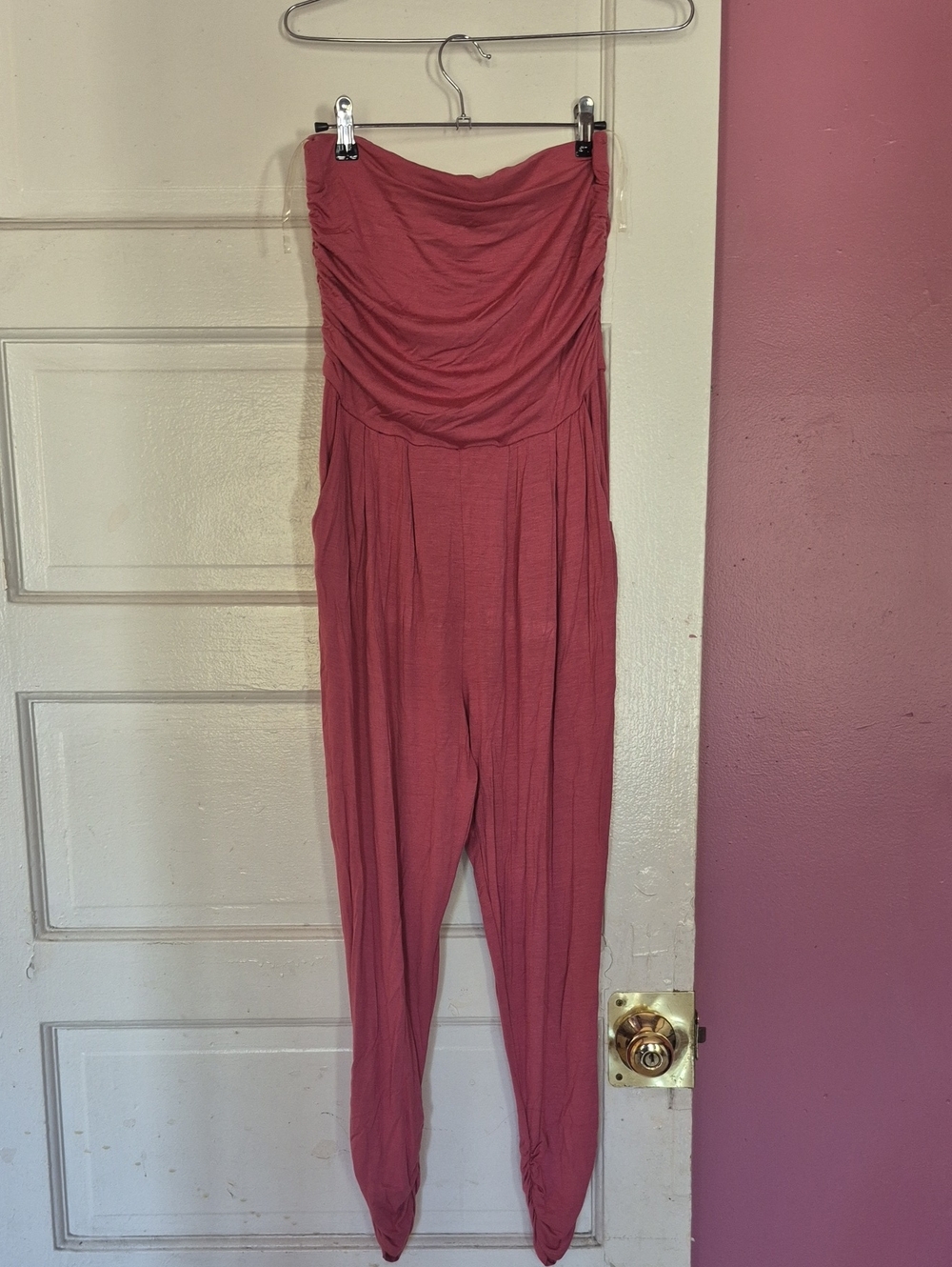 Strapless Ruched Jumpsuit in Dusty Rose
